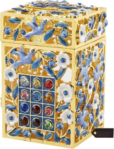 Handgeschilderde Emaille Tzedakah Spaarpot met Kristallen en Duif Decoratie