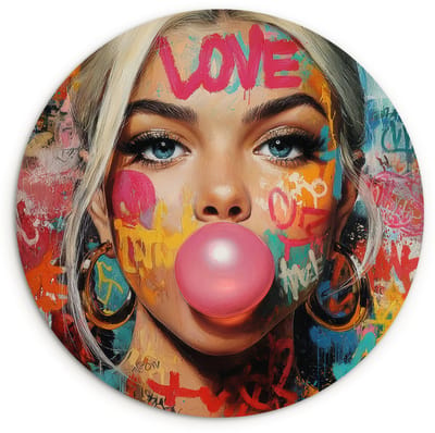 WallCircle® Wandcirkel 120x120 cm - Muurcirkel Vrouw - Kauwgom - Graffiti - Love - Muurdecoratie woonkamer - Wanddecoratie slaapkamer - Kamer decoratie accessoires - Ronde schilderijen XXL