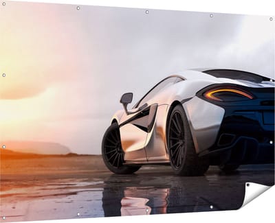 Gards Tuinposter Zilveren Sportwagen Auto bij Zonsondergang - 180x120 cm - Tuindoek - Tuindecoratie - Wanddecoratie buiten - Tuinschilderij