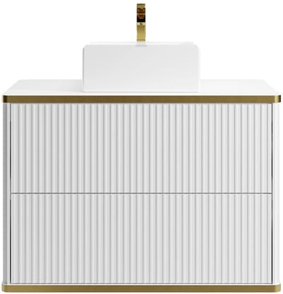 Vente-unique Zwevend, geribbeld badkamermeubel met goudkleurige randen en opbouwwastafel - Wit - 80 cm - KELIZA