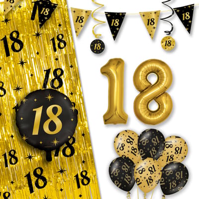 LUQ – All-Out Glam Set 18 Jaar – Zwart-Goud Verjaardag Decor – Luxe Feestpakket Ballonnen-Slingers-Vlaggenlijn-Gordijn
