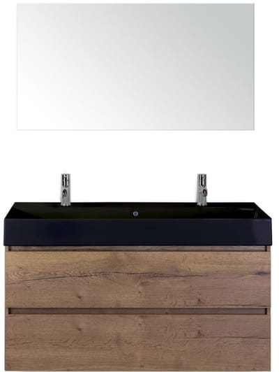 Maxx XL Badmeubelset 120 cm - Tabacco - Wastafel Kube Enkel Zwart 2 Kraangaten met Spiegel