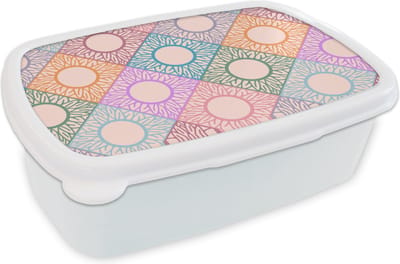 Broodtrommel Wit - Lunchbox - Brooddoos - Zonnebloem - Ruit - Patronen - 18x12x6 cm - Volwassenen