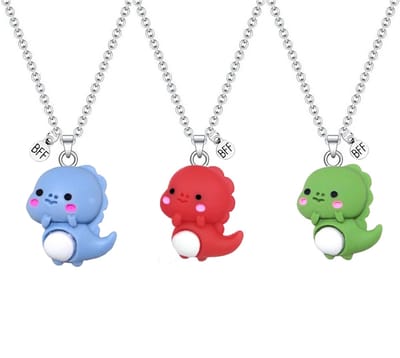 Bixorp Friends BFF Ketting voor 3 met Schattige Dino - Rood, Blauw & Groen - Dinosaurus met ei - 45cm + 5cm verstelbaar