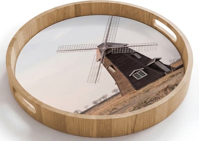 Dienblad rond 40x40 cm - Schootdienblad hout - Windmolens - Landschap - Veld - Borrelplank rechthoek - Plateau houten dienbladen
