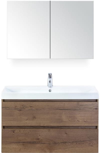 Maxx XL Badmeubelset 100 cm - Tabacco - Wastafel Just 1 Kraangat met Spiegelkast