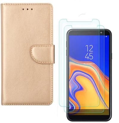 hoesje Geschikt voor: Samsung Galaxy J4 2018 Portemonnee Goud met 2 stuks Glas Screen protector