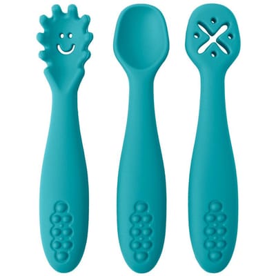 Set de 3 cuillères et couverts d'apprentissage mignons pour bébé Set de cuillères d'alimentation pour nouveau-né Cuillère à portionner pour tout-petit Couverts de sevrage Vaisselle pour enfants blue