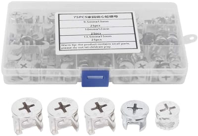 Dailygoods- Nokkenmoeren 75 Stuks - Meubelverbindingsschroeven - Bevestigingselementen - 3-in-1 Connector - Geschikt voor Kasten - Afmetingen 9,5/10/13,5 x 12/13/15 mm - Meubelverbinder