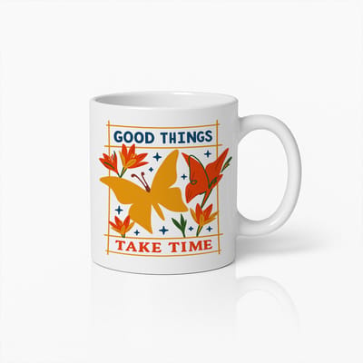 Goede Dingen Kosten Tijd Mok 330ml – Inspirerende Koffiebeker met Vlinderontwerp – Positief Cadeau voor Motivatie & Zelfzorg