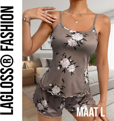 LaGloss® Dames Pyjama Set Bloemblaadjesprint – Mouwloos en Short – Luchtig en Comfortabel - Maat L