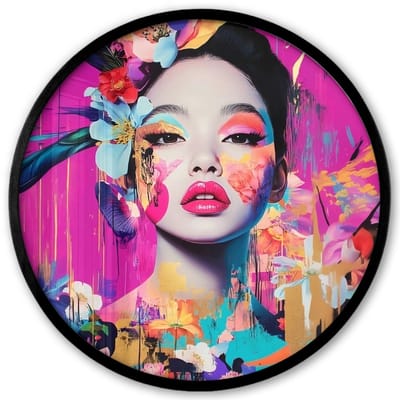 Poster in lijst Rond - Fotolijst 40x40 cm - Posters - Vrouw - Portret - Abstract - Paars - Ronde posterlijst zwart - Decoratie - Wanddecoratie woonkamer - Muurdecoratie slaapkamer