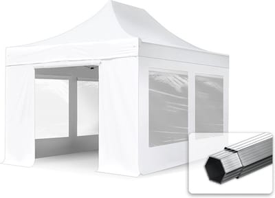 3x4,5 m Easy Up partytent Vouwpaviljoen PVC brandvertragend met zijwanden (2 panorama), PROFESSIONAL alu 40mm, wit