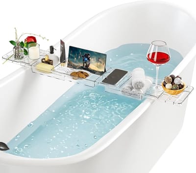 Badplank van kunststof Verstelbare badplank Transparant met waterafvoer Badtablet voor tablet en boeken