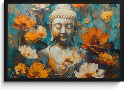 Poster in lijst - Fotolijst 60x40 cm - Posters - Buddha - Bloemen - Kleurrijk - Modern - Posterlijst zwart - Decoratie - Wanddecoratie woonkamer - Muurdecoratie slaapkamer