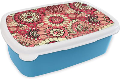 Broodtrommel Blauw - Lunchbox Bloem - Mandala - Retro - Patroon - Brooddoos 18x12x6 cm - Brood lunch box - Broodtrommels voor kinderen en volwassenen