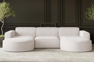 U-vormige hoekbank met slaapfunctie en bedlade 299 x 165 x 78 cm – MODENA Luxe Comfort 4-zits loungeset, moderne woonkamerbank in Verita stof ecru | HomebyNicole