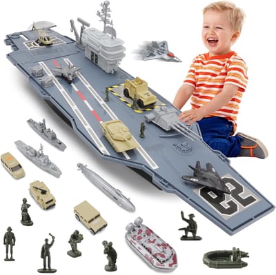 Luchtvaartschip Model met Kleine Vliegtuigjes, Vrachtwagen, Helikopter, Tank en Onderzeeër - Speelgoed voor Jongens en Verzamelobjecten