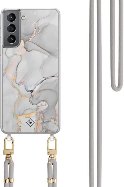 Casimoda® hoesje met grijs koord - Geschikt voor Samsung S21 Plus - Marmer Grijs - Afneembaar koord - TPU/polycarbonaat - Grijs