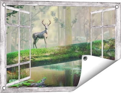 Gards Tuinposter Doorkijk Hert in het Bos op een Boom - 60x40 cm - Tuindoek - Tuindecoratie - Wanddecoratie buiten - Tuinschilderij