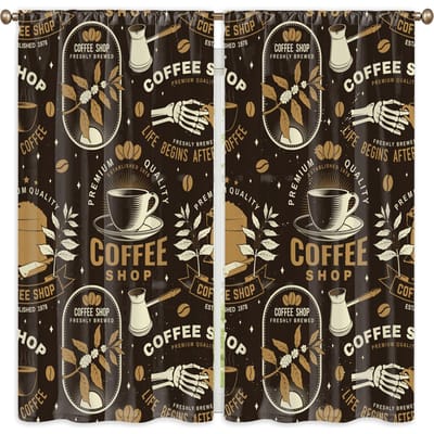 2 stuks Café Gordijnen Volants Vintage Zwart Keuken Koffie Print Keukengordijnen Semi-Verduisterend Raambekleding Voor Keukenramen 100W130H(CM)40x51in&Grommet Top