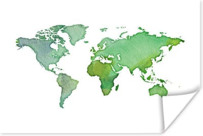 Poster 30x20 cm - Wereldkaart - Aquarel - Groen - Posters - Kamer decoratie - Wanddecoratie woonkamer - Muurdecoratie slaapkamer