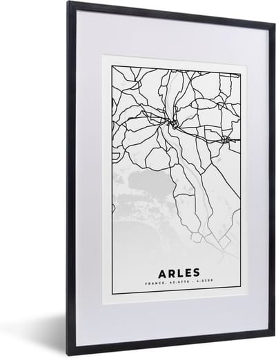 Fotolijst incl. Poster Zwart Wit- Frankrijk – Plattegrond – Stadskaart – Arles - Kaart - Zwart wit - 40x60 cm - Posterlijst