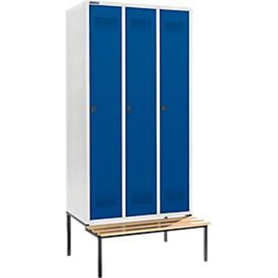 Schäfer Shop Genius Kledinglocker met zitbank, 3 compartimenten, 300 mm compartimentbreedte, veiligheidsdraaigrendelslot, lichtgrijs/gentiaanblauw