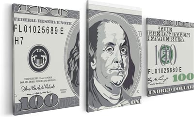 Artaza Canvas Schilderij Drieluik Geld Dollar Biljet - Briefje van 100 Dollar - 120x60 - Foto Op Canvas - Canvas Print