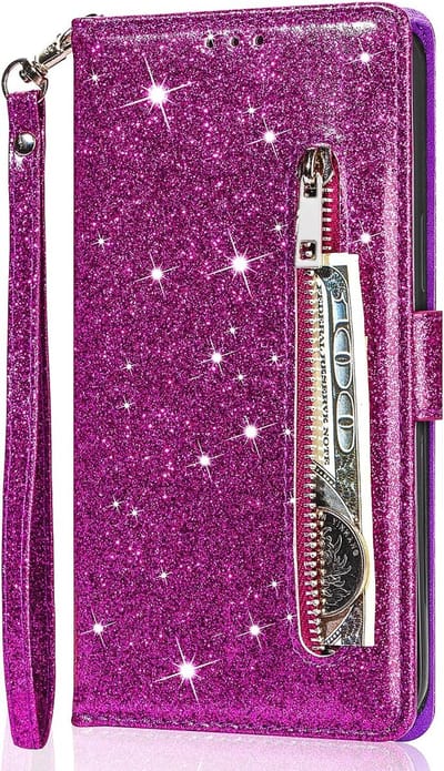 Glitter Bookcase Hoesje Geschikt voor: Samsung Galaxy A25 met rits - hoesje - portemonneehoesje - Paars - ZT Accessoires
