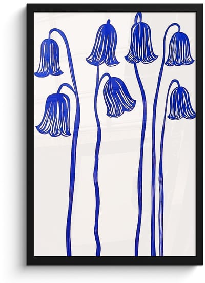 Poster in lijst - Fotolijst 40x60 cm - Posters - Bloemen - Blauw - Lijnen - Bloemblaadjes - Posterlijst zwart - Decoratie - Wanddecoratie woonkamer - Muurdecoratie slaapkamer