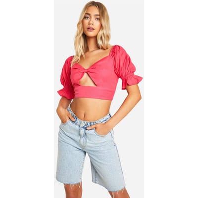 boohoo Dames Linnen-look Crop Top met Puff Mouwen | Felroze | Maat: 38
