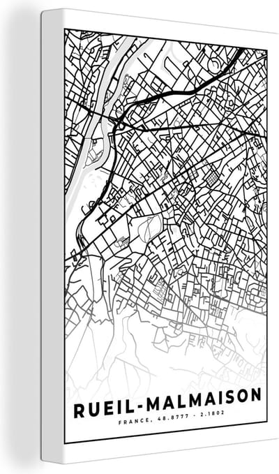 Canvas Schilderij Frankrijk - Kaart - Plattegrond - Stadskaart - Rueil-Malmaison - Zwart wit - 20x30 cm - Wanddecoratie
