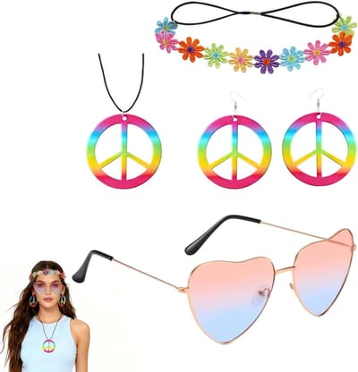 Retro Hippie Kostuum Set voor Dames en Heren - 4-delige Accessoires met Bloemen Hoofdband, Vredesketting, Ronde Zonnebril en Oorbellen - Ideaal voor Verkleedfeest, Themafeest en Festivals