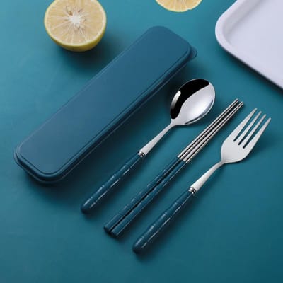 3 stuks/set roestvrijstalen bestekset lepel vork eetstokjes set met doos koffer reisbestek blauw