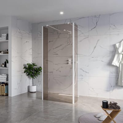 FugaFlow Eccelente Vetro Vrijstaande inloopdouche badkamer - 90x200cm - Rookglas - antikalk - 8mm veiligheidsglas - 2 zijwanden 30cm - met wandarmen en hoekprofielen - Wit mat -