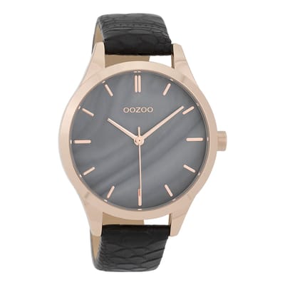 OOZOO Timepieces - Rosé goudkleurige horloge met zwarte leren band - C9724