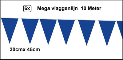 6x Mega vlaggenlijn blauw 30cm x 45cm 10 meter - Reuze vlaggenlijn - vlaglijn mega thema feest verjaardag optocht festival