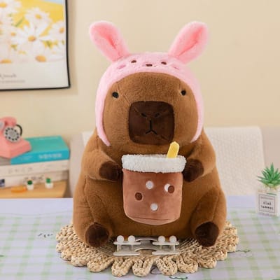 Pluche Capybara Knuffel - Knuffeldier Dier - Knuffelen en Decoratie - Met Roze Konijnenoren - 40 cm - Bruin