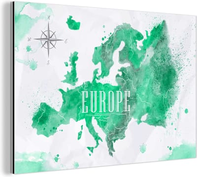 Aluminium schilderij 120x80 cm - Wanddecoratie metaal - Wereldkaart - Europa - Verf - Metalen muurdecoratie woonkamer - Decoratie industrieel - Foto op dibond - Industriële accessoires slaapkamer
