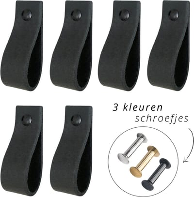 Handles and more - 6x Leren handgrepen lusjes - Vintage Zwart - XS (12,6 x 2,5 cm) - incl. 3 kleuren schroefjes (handgreepjes - leren grepen - greepjes - leren lusjes)
