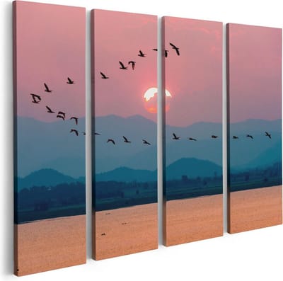 Artaza Canvas Schilderij Vierluik Silhouet Van Zwerm Vogels Bij Zonsondergang - 80x60 - Foto Op Canvas - Canvas Print