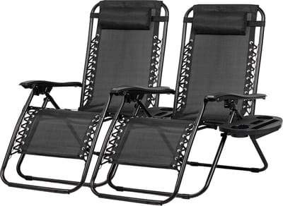 Meisterhome® Opvouwbare tuinstoelen – set van 2 stuks - Inclusief Hoofdkussen en bekerhouder - Zonnebed – Tuinstoel - Ligstoel – Campingstoel - Verstelbaar - Tuin - Weerbestendig – Zwart