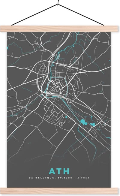 Posterhanger incl. Poster 40x60 cm - Schoolplaat - Stadskaart – Grijs - Kaart – Ath – België – Plattegrond - Textielposter - Blanke latten - Stadskaart
