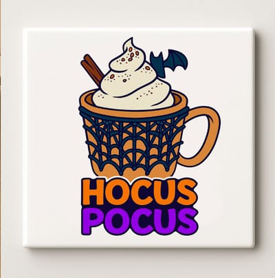 “Hocus Pocus” Halloween Koffietegel – 15x15cm Keramische Muurdecoratie, Griezelig Heksenontwerp, Perfect Cadeau voor Halloween of Koffieliefhebbers