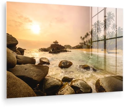 ® Glasschilderij 180x120 cm - Schilderij acrylglas - Zonsopkomst aan het water in Santa Marta met op de achtergrond palmbomen - Foto op glas - Muurdecoratie woonkamer - Wanddecoratie slaapkamer - Schilderijen