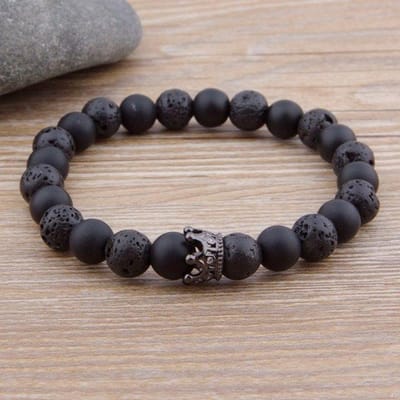 Nieuwe Klassieke In elkaar grijpende Steken Lava & Mat Zwart Onyx Steen Met Kroon Accessoires Kralen Armband Hand Sieraden Voor Vrouwen Mannen gray