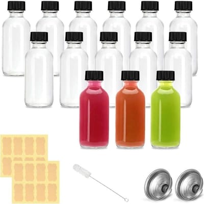 Dailygoods - 12 x 60 ml shotflessen om te vullen, mini-glazen flessen met deksel, met trechter, etiketten en pen, herbruikbare glazen flessen om te vullen, perfect voor gember, jenever en likeur