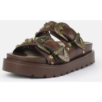 Buffalo Raya Ari West Leren Dames Bruine Sandalen