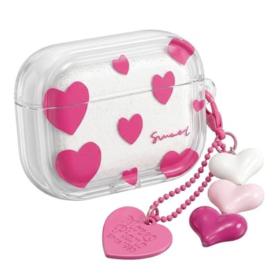 Transparant roze hoesje voor oordopjes dames met hartjes design en decoratieve hanger geschikt voor AirPods Pro 2 met kralen ketting en speels ontwerp